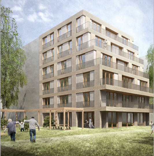 „Aktion Mensch“ Berlin / DE, Terhalle Holzbau GmbH baut ein 6 stöckiges Hofhaus mit X-fix